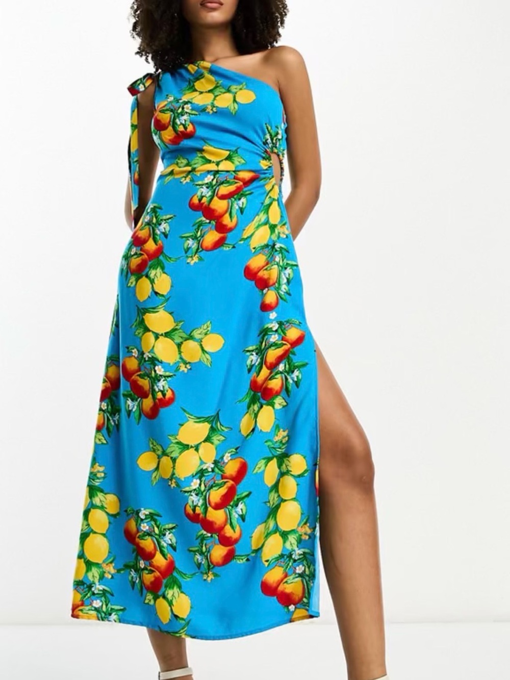 ASOS One-Shoulder Bright Blue Maxi Dress with Yellow & Orange Fruit Print